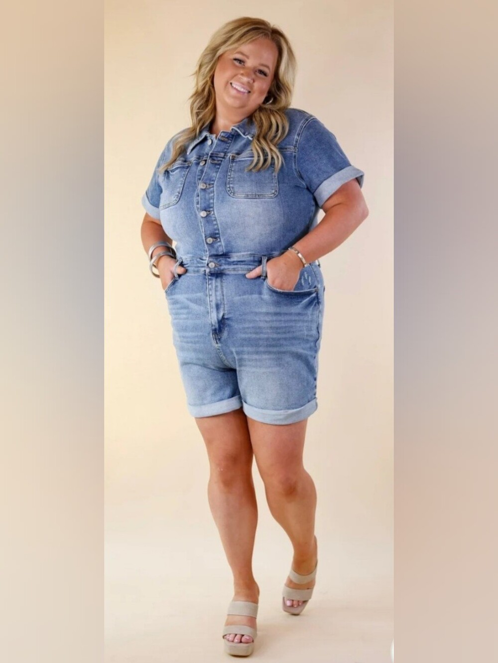 Judy Blue Backroad Song Medium Blue Denim Romper